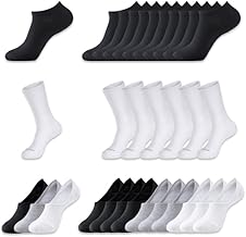 MONFOOT 26 Pairs Mixed Socks - 6 Crew, 10 Ankle, 10 No-Show, White/Black/Grey, M