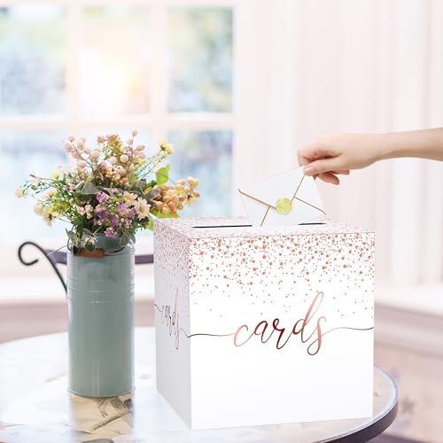 Image of Rose Gold Card Box for Wedding, 8.7 inch Gift Card Box for Reception, Bridal Shower, Birthday, Baby Shower, Retirement, Graduation, Anniversary Party Decorations