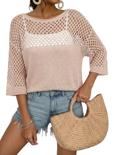 Dokotoo Womens Bathing Suit Cover up Crochet Tops 2026 Half Sleeve Hollow Out Swim Summer Clothes Beach Bikini Swimsuit Lightweight Sweater Resort Wear Vacation Cruise Outfits Beige