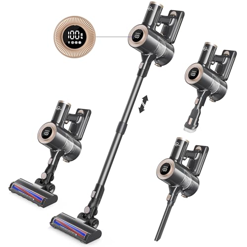 Movell Aspiradora Sin Cable, 300W 28Kpa Aspirador Escoba Potente con Pantalla LED y Nuevo Motor, 55 Minutos de Autonomía, 1.5L, Batería Extraíble, para Alfombras, Suelos y Pelo de Mascotas (Negro)