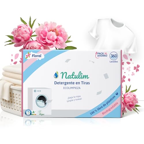Natulim - Detergente en Tiras para Lavadora (360 Lavados) - Incluye efecto Suavizante, Ecológico, Hipoalergénico, Zero Waste, Made in Spain - Ropa limpia y suave sin ensuciar el Planeta (Floral)