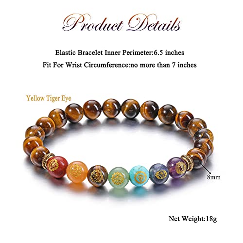 Vadiforest Natural 8Mm 7 Chakra Stone Crystal Bracelet Reiki Tiger Eye Healing Crystal Gemstone Beads Men Women Stretch Bracelet For Meditation, Protection #TOP3