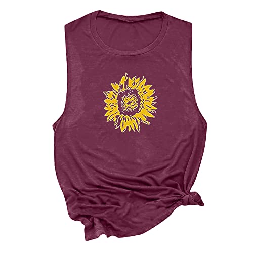 Casual Summer Graphic Tank Tops For Women Sleeveless Graphic Tunic Tops Sunflower Print Pullover Tee Shirts #TOP4