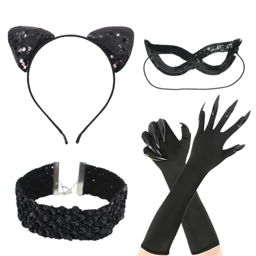 Kit Costume Chat Femme 4 Pièces Halloween Cosplay, Deguisement Halloween Femme, Deguisement Chat avec Oreille de Chat, Masque Pailleté, Collier et Gants Longs, Costume Chat pour Carnaval et Fête