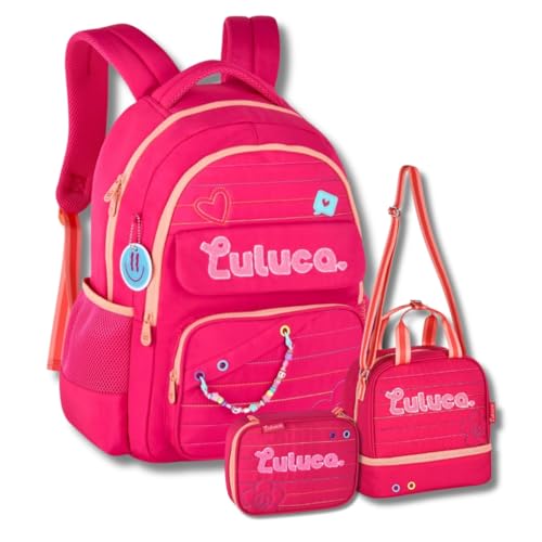Kit Mochila De Costas Luluca Lancheira Térmica E Estojo Box Escolar Rosa