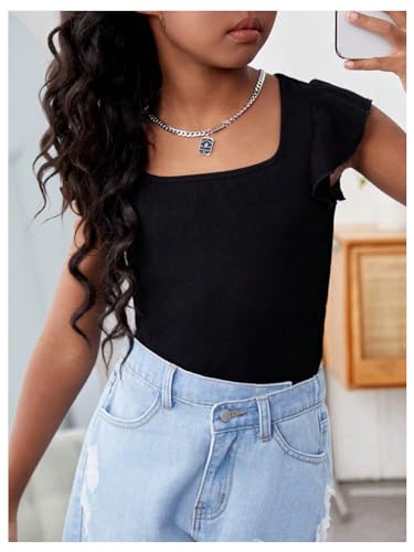 WDIRARA Girl's Square Neck Ruffle Cap Sleeve T Shirt Tee Casual Rib Knit Top4