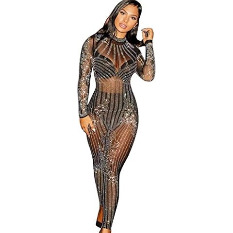 JEYKAY Women's Sexy Mesh See Through Rhinestone Pants Geometric Tattoo Party Cocktail Clubwear Jumpsuit (Black, L) Cover