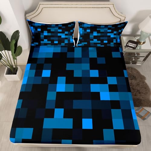 Loussiesd Juego de sábanas bajeras pixeladas tamaño King, color azul neón, negro, con 2 fundas de almohada, ropa de cama de 3 piezas, súper suave, decoración de dormitorio, juego de sábanas de 40.6 cm