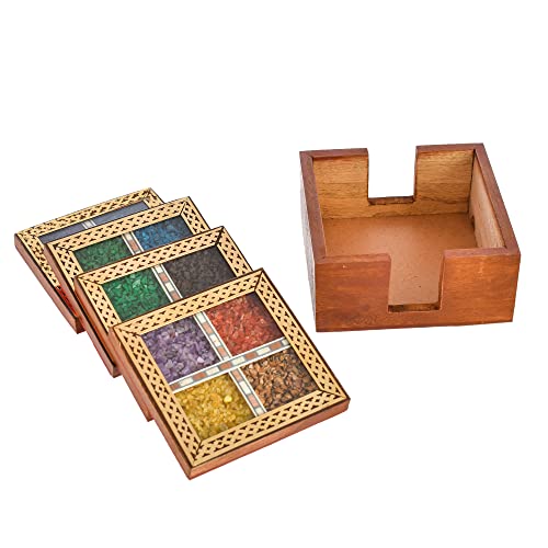 CRAFTAM Gems Stone and Wooden Brass Patti Tea Coasters for hot pots Home Kitchen Dining Table, Office (4 Tea Coasters, 1 Holder Set)