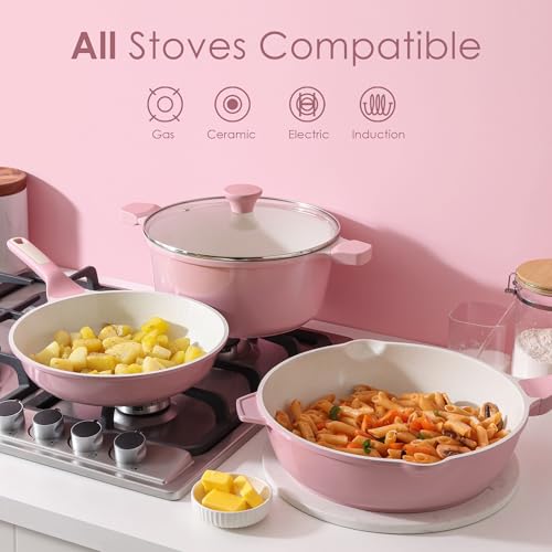 Image of SENSARTE Nonstick Ceramic Cookware Set Large 13-Piece, Healthy Pots and Pans Set Dishwasher Safe, Non-toxic Kitchen Cooking Set with Stay-Cool Handles, Induction Compatible, PFAS Free, Pink