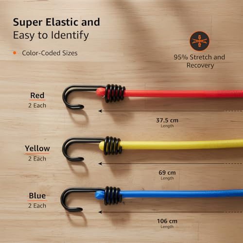 Image of Amazon Basics Flat Bungee Cord with Heavy-Duty Iron Hooks | Super Elastic Rubber Strap with Scratch-Resistant Coating & Color-Coded Size System (Red, Blue and Yellow)