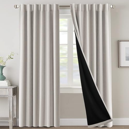 H.VERSAILTEX 100% Blackout Drapes 90 Inch Long 2 Panels Black Liner Full Light Blocking Thermal Insulated Back Tab Rod Pocket Curtains for Bedroom, Oatmeal