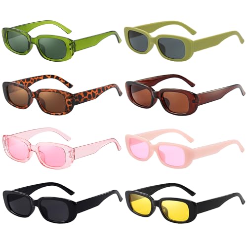 Matcheck 8 Pack Retro Rectangle Sunglasses Women Girls Square Eyewear Classic Mixed Color Narrow Frame Fashion Glasses