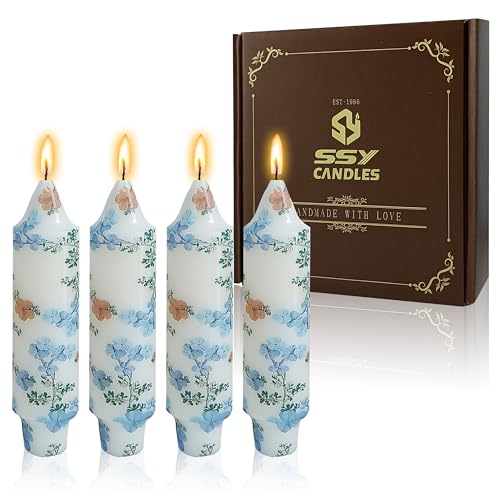 5 inch Short Candle Blue Floral Candle Sticks Printed Candlestick Handmade Unscented Taper Candle 4 Pack Blue Flower Tapered Candles for Home Dinner Wedding Holiday