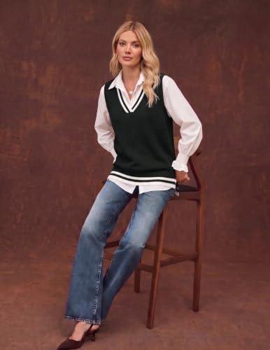 Zeagoo Sweater Vest Women Sleeveless V Neck Oversized Pullover Knitted Tops Preppy Outfits, Black White, Medium — view 2