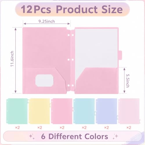 12 Pack Plastic Folders with Pockets 3 Hole Punched 3 Ring Binder 1/6 Cut Tabs 3-Hole Punched Pocket Folders Letter Size for School Office Classroom Teacher Student Staff Document Supplies(Pastel) - Image 2