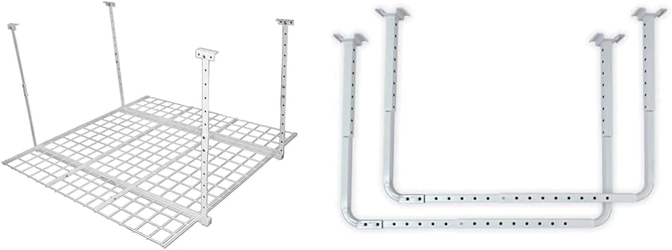 HyLoft 00540 45-Inch by 45-Inch Overhead Storage System, White & 80842-10 33 in. x 34 in. Adjustable Garage Ceiling Mount Storage Rack Kit, Garage Overhead Storage Bracket, White