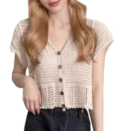 Joe Wenko Women's Hollow Out Knit Short Sleeve Cropped Cardigan Sweaters Button Front Bolero Short Shrugs2