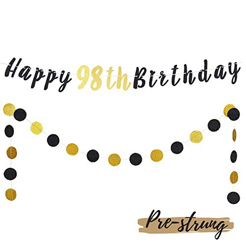 LASKYER Happy 98th Birthday Decoration Set - 98th Bday Banner with Black & Gold Glitter Circle Dots Cheers to 98 Years Old Birthday Party Decorations.[Pre - Strung]