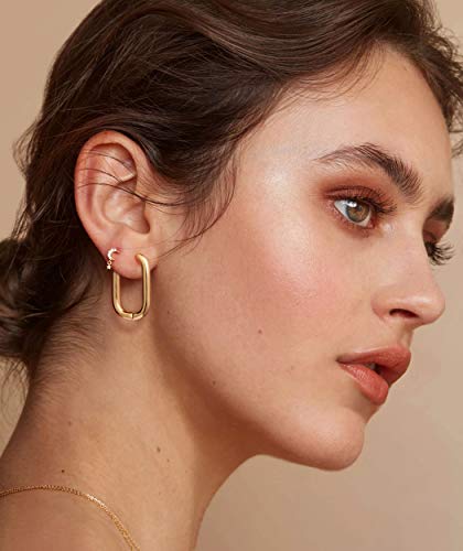 18K Gold Oval Huggie Hoop Earrings For Women Chunky Tube Leverback Earrings Dainty Minimalist Jewelry Handmade For Christmas Gift Fashion Rounded Rectangle Endless Hoop Earrings #TOP1