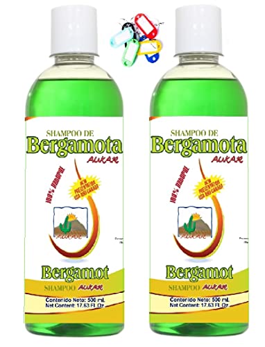 AUKAR Bergamot Shampoo 17.63 Fl Oz (PACK of 2) plus Key Chain Shampoo de Bergamota 500ml más Llavero. Twin Pack. 100% Natural.