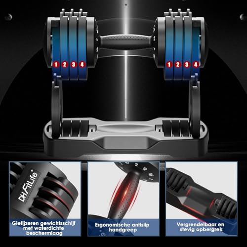 DH FitLife Set van 2 verstelbare halters 12 kg - 2 tot 12 kg - Met 5 gewichtsniveaus - Met halterschijven - Verstelbare korte halters - Variabel gewicht 5 in 1 - Afbeelding 5