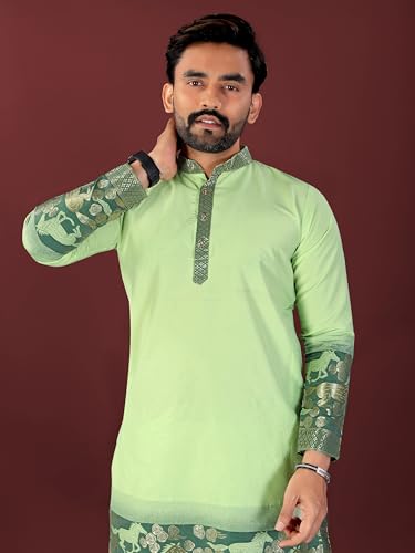 Image of Men's Cotton Silk Kurta with Jacquard Work Full Sleeves Floral Printed Side Slit and Mandarin Collar Neck | Kurta Pajama Set for Men Cotton Wedding | Short Kurta for Men