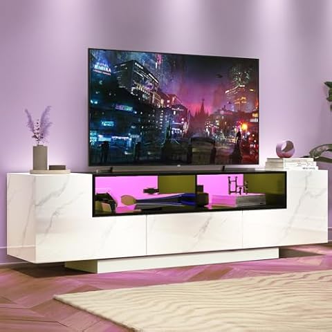 HOMFAMILIA 70in LED TV Stand for 75 Inch TV, Large Gaming Entertainment Center with Storage Cabinets and Open Shelves, Modern TV Console for Living Room, Bedroom(White Marble) Cover