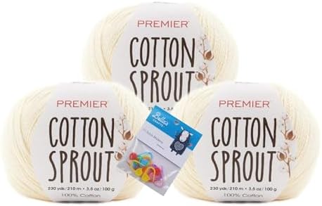 Premier Yarns Cotton Sprout DK, 100% Cotton Yarn, 3-Pack Bundle with Bella's Crafts Stitch Markers (1149-26 Cream) image 4