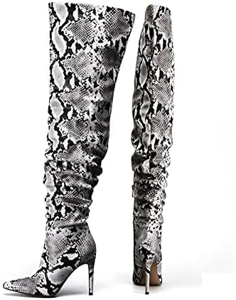 perixir Slouch Thigh High Boots for Women Thick Thighs Snake Skin Over The Knee High Boots for Women Sexy Heelde Boots Super High Thin Heel Pleated Pointed Toe Botte Femme Talon US 10