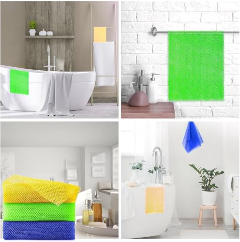 Image of UJFQBH 3 Pieces African exfoliating net African Net Long Net Bath Sponge Exfoliating Shower Body Scrubber Back Scrubber Skin Smoother,Great for Daily Use (Yellow, Green, Blue)