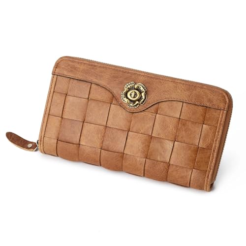 Portefeuille long en cuir jaune pour femme avec motif à carreaux élégant
