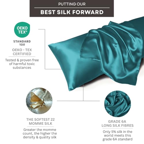 Image of FURBO 100% Pure Mulberry Silk Pillowcase | 22 Momme 6A Grade Silk Pillow Cover for Hair & Skin | Cooling, Breathable, Smooth & Soft | Hidden Zipper Closure | Anti-Frizz (2 Pack, Teal Blue)