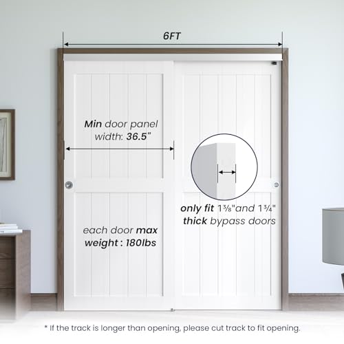 SMARTSTANDARD 72"/6FT Bypass Sliding Door Hardware Kit for Cabinet Closet, Aluminum Alloy Door Hardware with Finger Pull, for 2 Door System, Smoothly and Quietly, Fit 36.5" Wide Door Panel, No Door