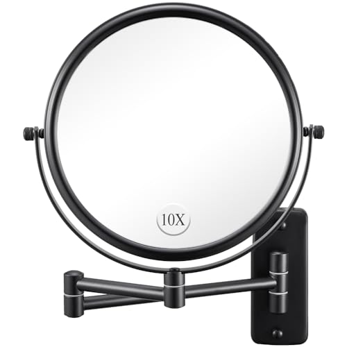 Wall Mounted Makeup Mirror - 1X/10X Magnifying Mirror for Wall, 8 Inch Double Sided 360° Swivel Extendable Bathroom Mirror for Shaving, Black by DECLUTTR - Used condition - US$23.17