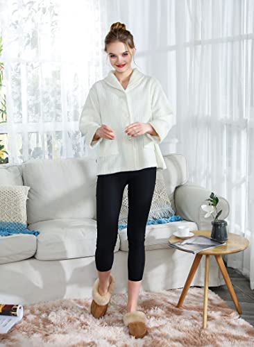 Loungees Women's Ivory Drop Needle Coral Fleece Shawl Collar Button Front Bed Jacket - Lg #TOP1