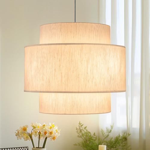 Pendant Lights with Beige Linen Drum Shade Chandelier Hanging Light