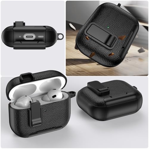 Ysnzaq Etui do AirPods Pro 3. generacji z klipsem blokującym i funkcją stojaka, skóra tekstura odporne na uderzenia etui ochronne z karabińczykiem do AirPod Pro 3 2025-PWZ Black