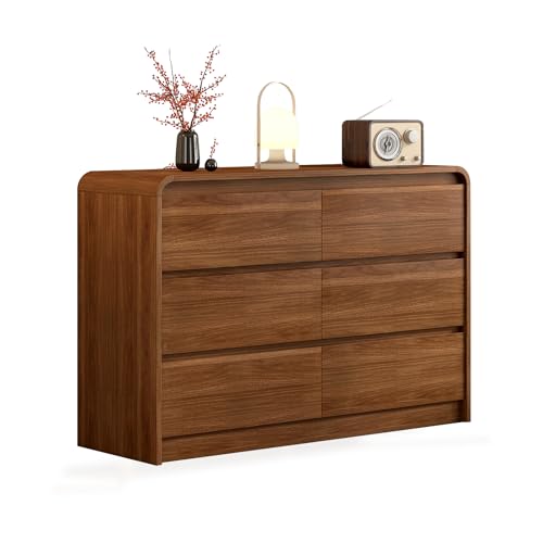 Modern 6 Drawer Dresser, 47-Inch Wood Chest of Drawers, Curved Anti-Collision Design, Mid-Century Storage Cabinet, Pre-Embedded Slots, Natural Texture, for Bedroom, Living Room, TV Stand, Nursery