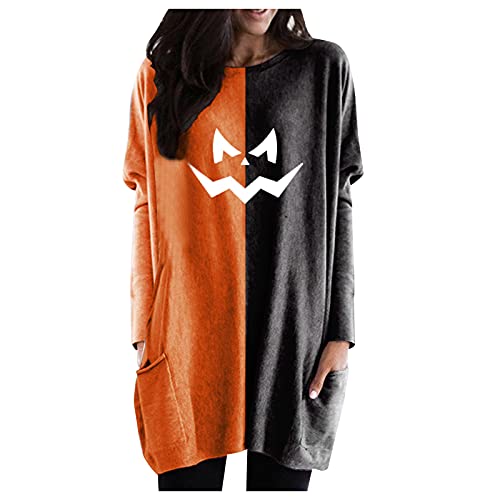 PINTUTU Femme Pulls Tshirt Longue Halloween Manches Longues Grande Taille Robe Sweat Femme Blouse Lache Casual Pull Chic Imprimé Ample Haut Automne Hiver Sweat-Shirt Pullover (Orange3, XL) Cover
