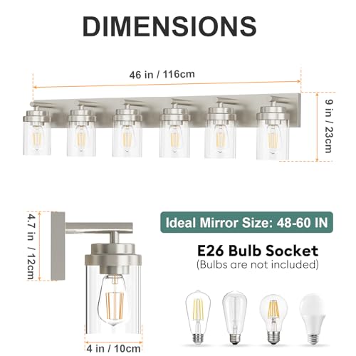 Image of IZORRO Bathroom Vanity Light Fixture, 6-Light 46 Inch Brushed Nickel Bathroom Light Fixtures Over Mirror, with Clear Glass Shade, Modern Farmhouse Vanity Lights, Rustic Restroom Lighting Fixtures