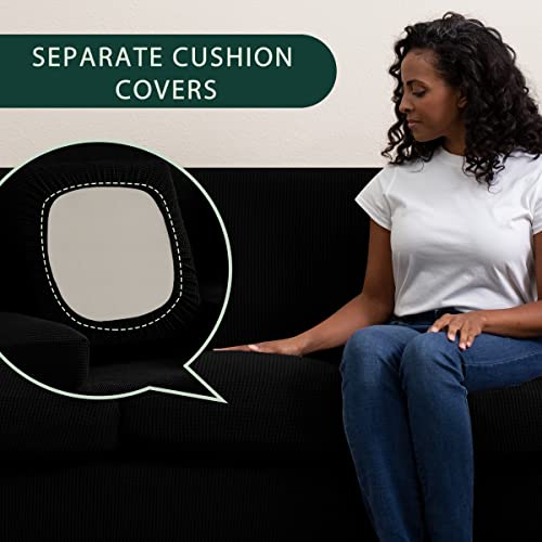 CHUN YI 4 Pieces Stretch Sofa Cover for 3 Seater Couch, Washable Soft Sofa Slipcover with 3 Separate Seat Cushion Covers for Dogs, Checks Spandex Jacquard Fabric, Large, Black