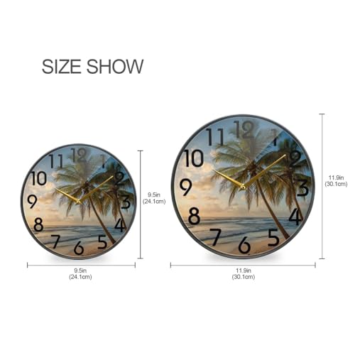 Naanle 3D Beautiful Summer Sunset Beach Palm Tree Round Wall Clock, 9.5 Inch Silent Battery Operated Quartz Analog Quiet Desk Clock for Home,Office,School,Library - Image 2
