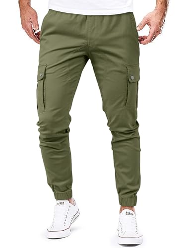 JMIERR Mens Casual Cargo Pants Cotton Tapered Stretch Twill Drawstring Athletic Joggers Sweatpants Trousers with Multiple Pockets, 2XL, Jungle Green