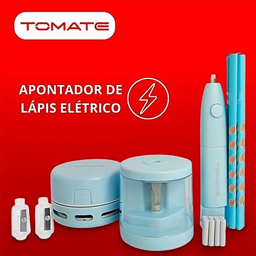 Conjunto Kit Papelaria para Desenhos Apontador Eletrico de Lapis MAT-K01 - TOMATE (Azul Bebe)