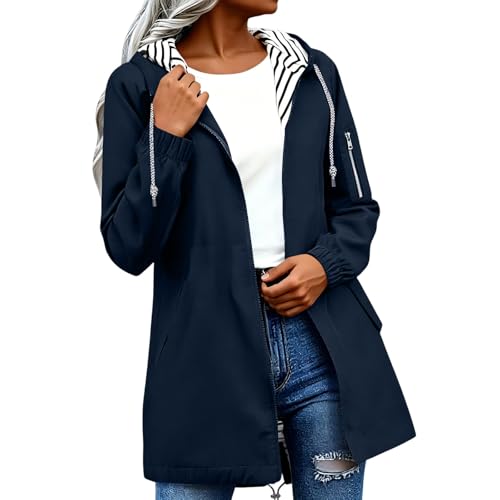 Luuegef Chaqueta Rompevientos Mujer Womens Rain Jacket Lightweight Long Waterproof Windbreaker Hooded Raincoat Capsule Wardrobe for Women 2026 Gabardinas para Mujer Navy S