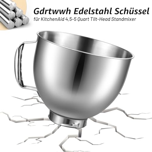 Gdrtwwh Edelstahlschüssel für KitchenAid Standmixer mit 4,3 Litern und 4,8 Litern Fassungsvermögen, Ersatz für KitchenAid Mixerschüssel, spülmaschinenfest