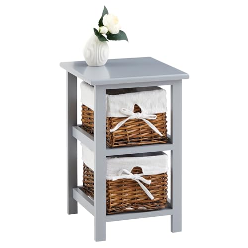IDIMEX Table de Chevet Nokomis Table de Nuit en Bois avec 2 paniers en Osier et Insert en Tissu Blanc, Meuble Style Rustique pour Chambre lasuré Gris