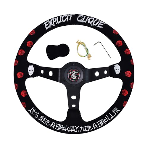 TIYPEOR Volant de course universel, volant de jeu 350 mm/14 pouces, poignée en daim à 6 boulons, profonde (3 pouces), avec bouton de klaxon pour simulation de conduite de rallye et sport automobile.