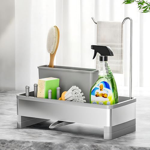 Ewaiira Sponge Holder for Kitchen Sink, Stainless Steel Sink Caddy | with Brush Holder & Dishcloth Rack, Countertop Sink Organizer, Soap Dispenser Kitchen Organizers Storage (F-Gray 9.8″) - image 1